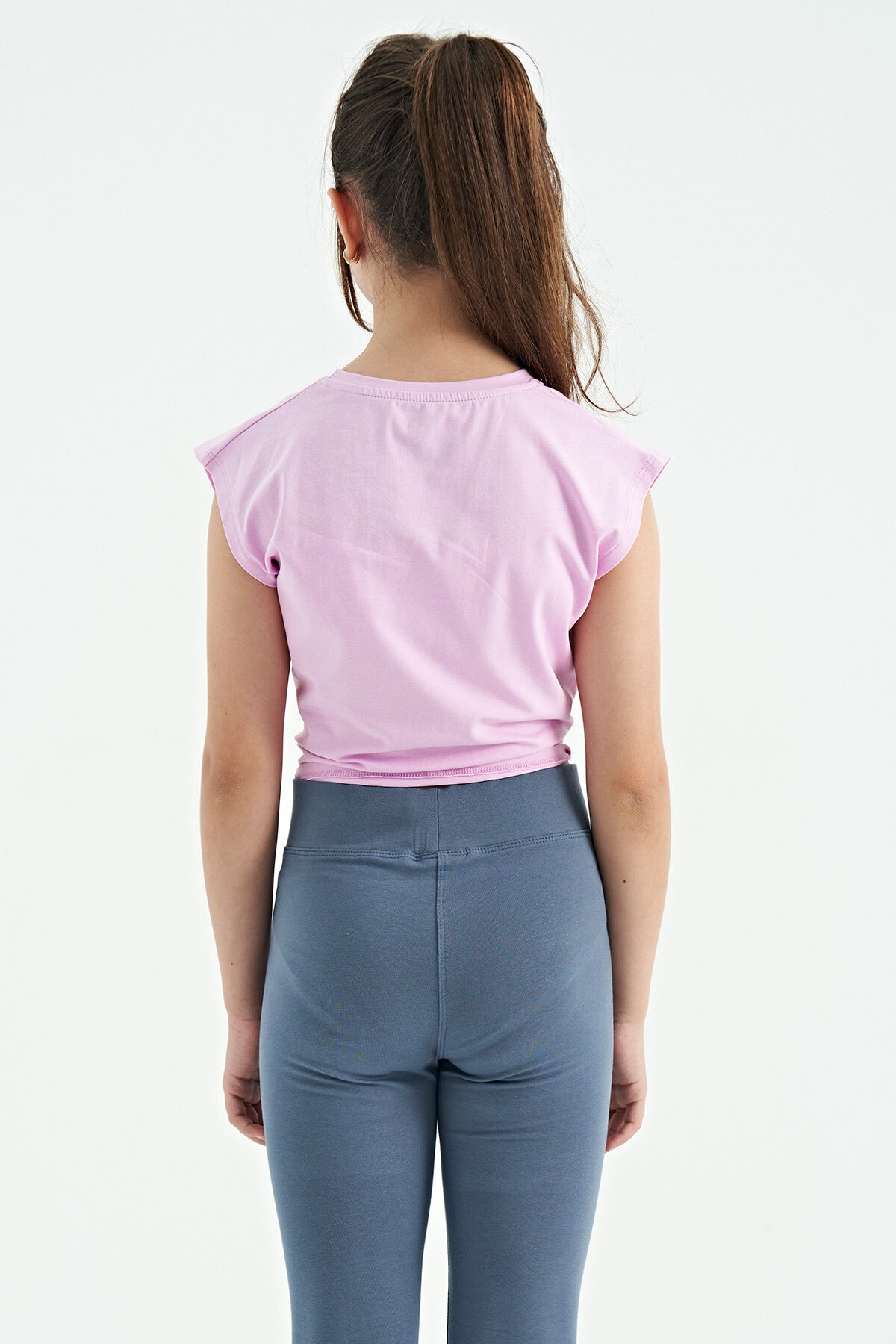 Pink Heart Print Front Knot Detailed Comfortable Fit Girls T-Shirt - 75114