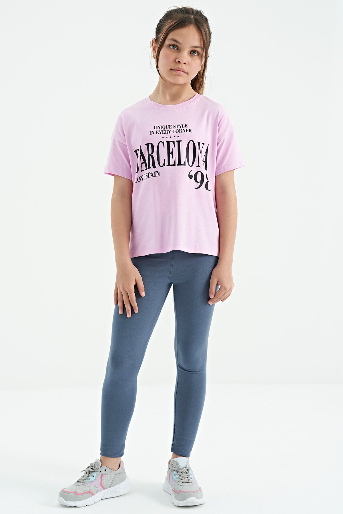 Pink O Collar Printed Text Drop Shoulder Oversize Girl's T-Shirt - 75115
