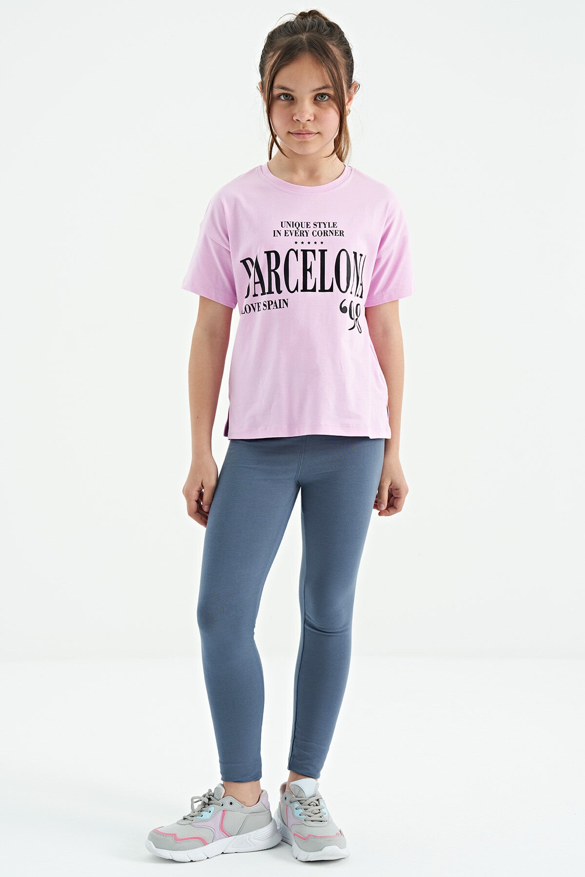 Pink O Collar Printed Text Drop Shoulder Oversize Girl's T-Shirt - 75115