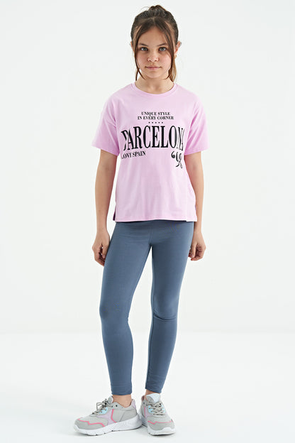 Pink O Collar Printed Text Drop Shoulder Oversize Girl's T-Shirt - 75115