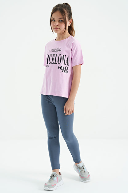 Pink O Collar Printed Text Drop Shoulder Oversize Girl's T-Shirt - 75115