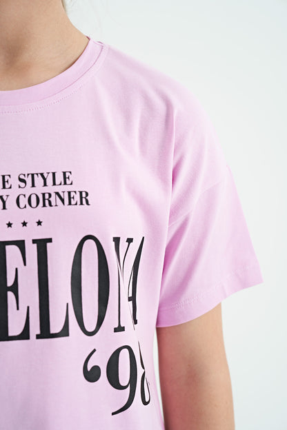 Pink O Collar Printed Text Drop Shoulder Oversize Girl's T-Shirt - 75115