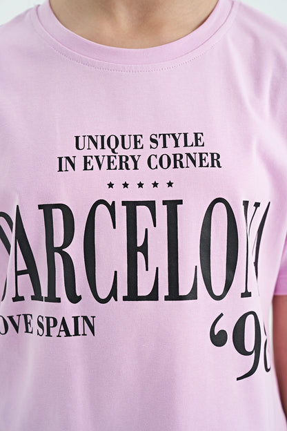 Pink O Collar Printed Text Drop Shoulder Oversize Girl's T-Shirt - 75115