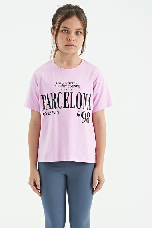 Pink O Collar Printed Text Drop Shoulder Oversize Girl's T-Shirt - 75115