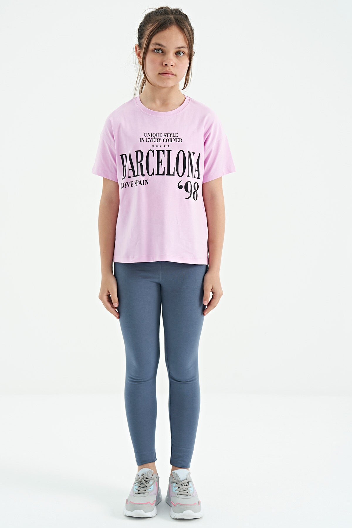 Pink O Collar Printed Text Drop Shoulder Oversize Girl's T-Shirt - 75115