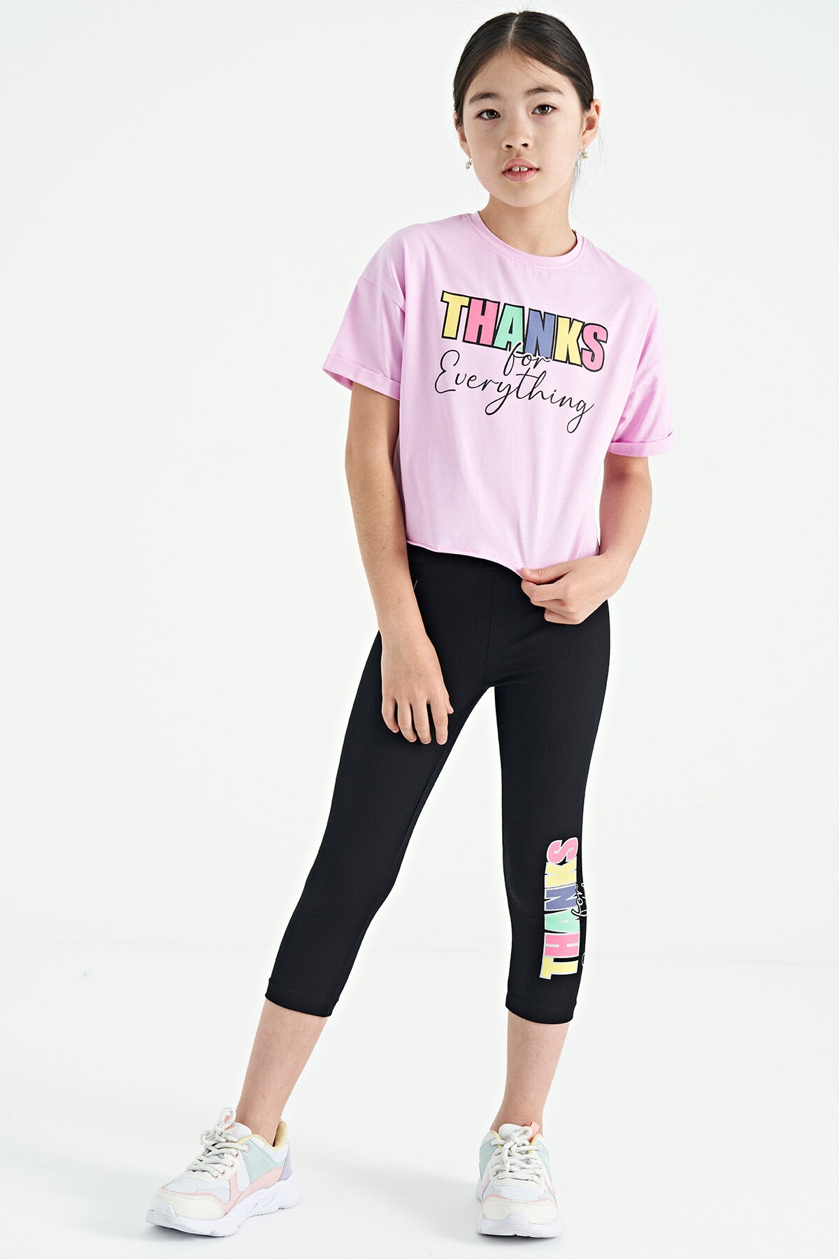 Pink - Black Print Oversize Girls' Crop Tights Set - 75133