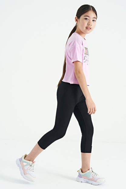 Pink - Black Print Oversize Girls' Crop Tights Set - 75133