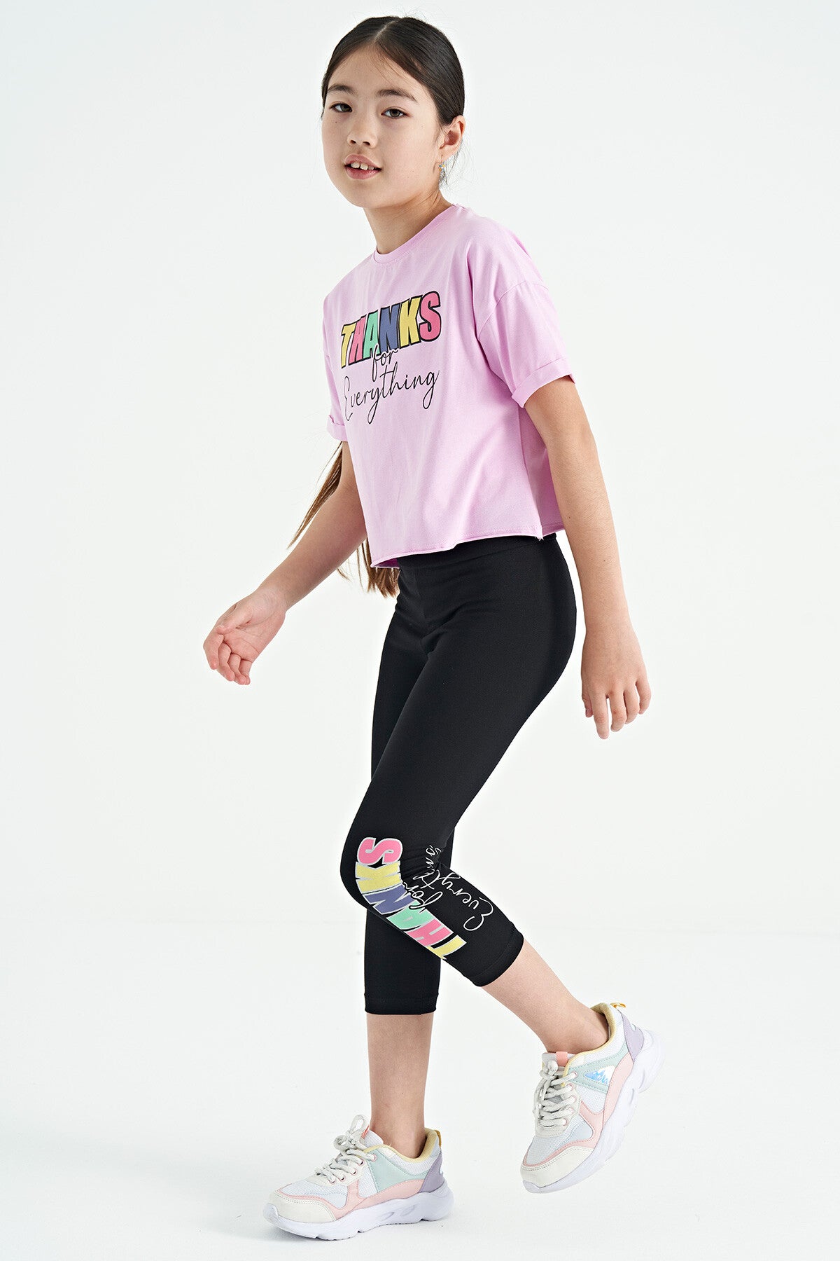 Pink - Black Print Oversize Girls' Crop Tights Set - 75133