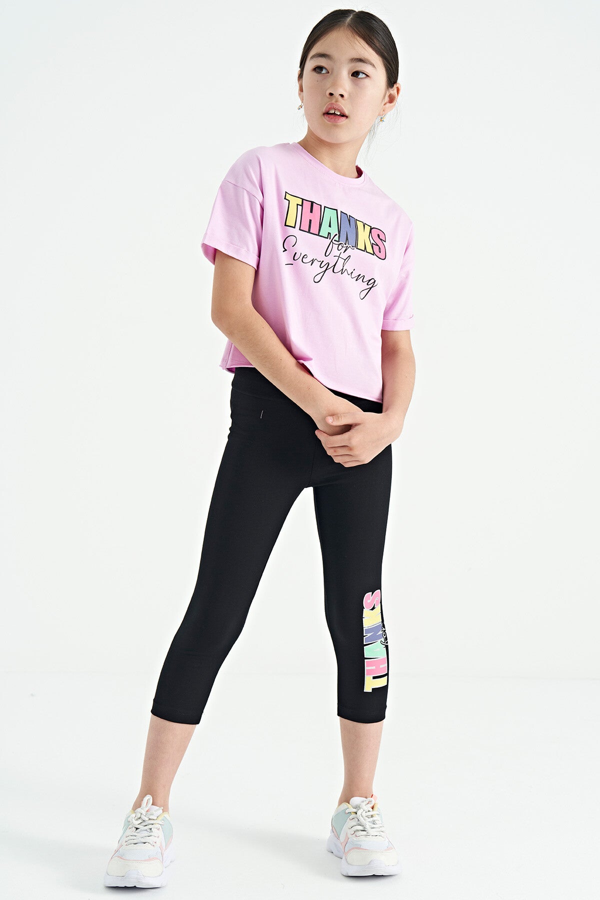 Pink - Black Print Oversize Girls' Crop Tights Set - 75133