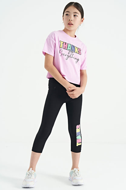 Pink - Black Print Oversize Girls' Crop Tights Set - 75133
