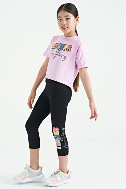 Pink - Black Print Oversize Girls' Crop Tights Set - 75133