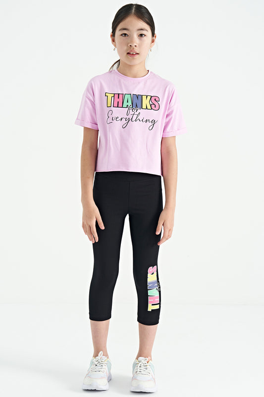 Pink - Black Print Oversize Girls' Crop Tights Set - 75133