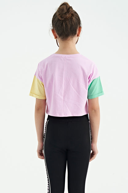Pink Print O Collar Low Shoulder Oversize Girls T-Shirt - 75130