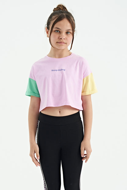 Pink Print O Collar Low Shoulder Oversize Girls T-Shirt - 75130