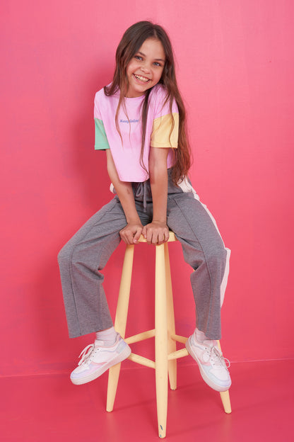 Pink Print O Collar Low Shoulder Oversize Girls T-Shirt - 75130
