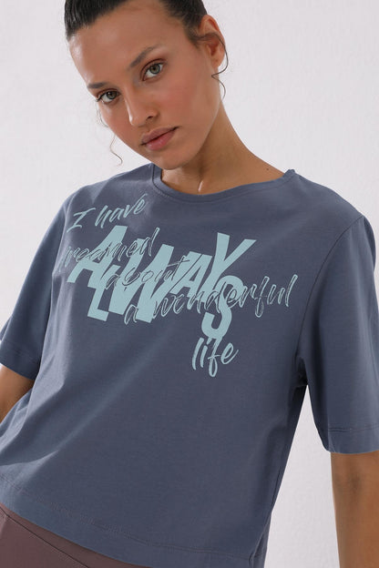 Petrol Asymmetric Print O Collar Women's Oversize T-Shirt - 97136