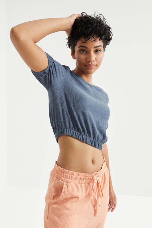 Petrol Balloon Neck or Collar Beli Elastane Crinkle Fabric Women's Crop Top T-Shirt - 97221
