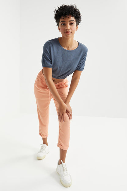 Petrol Balloon Neck or Collar Beli Elastane Crinkle Fabric Women's Crop Top T-Shirt - 97221