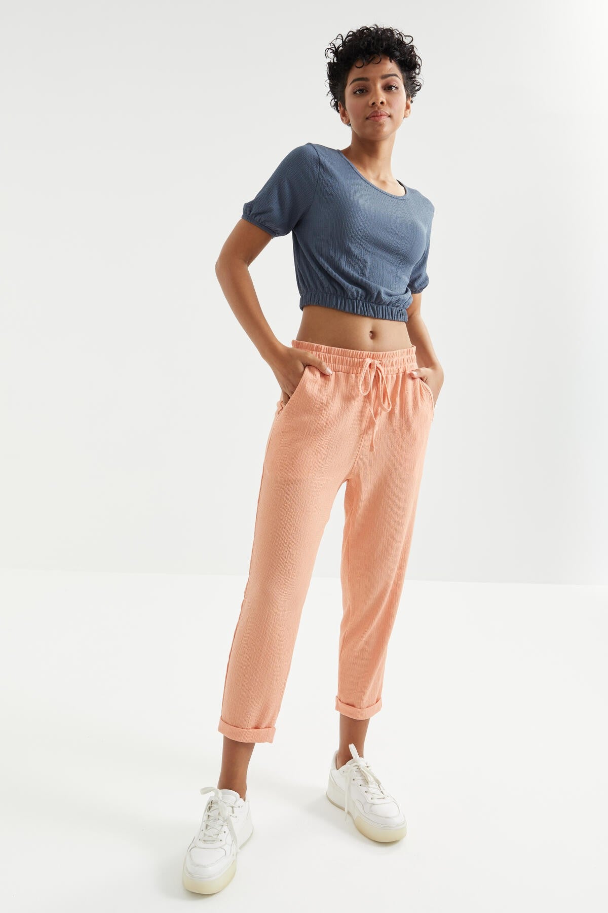 Petrol Balloon Neck or Collar Beli Elastane Crinkle Fabric Women's Crop Top T-Shirt - 97221