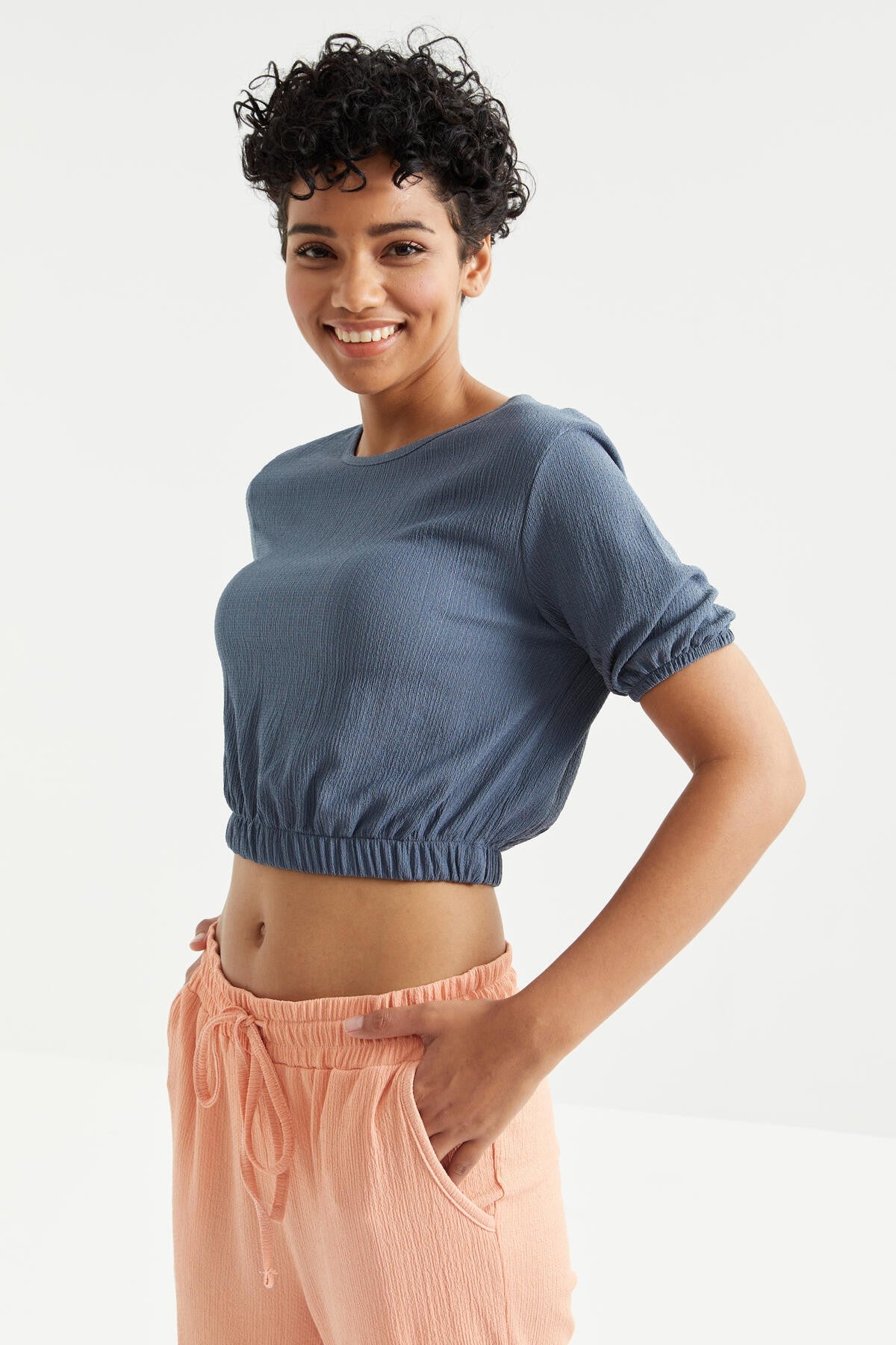 Petrol Balloon Neck or Collar Beli Elastane Crinkle Fabric Women's Crop Top T-Shirt - 97221