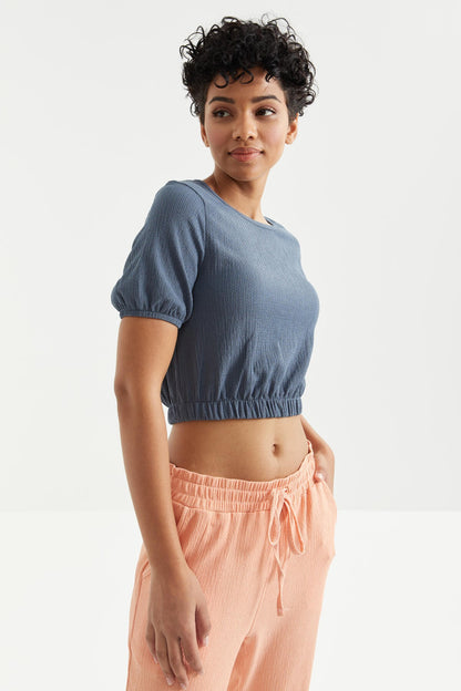 Petrol Balloon Neck or Collar Beli Elastane Crinkle Fabric Women's Crop Top T-Shirt - 97221