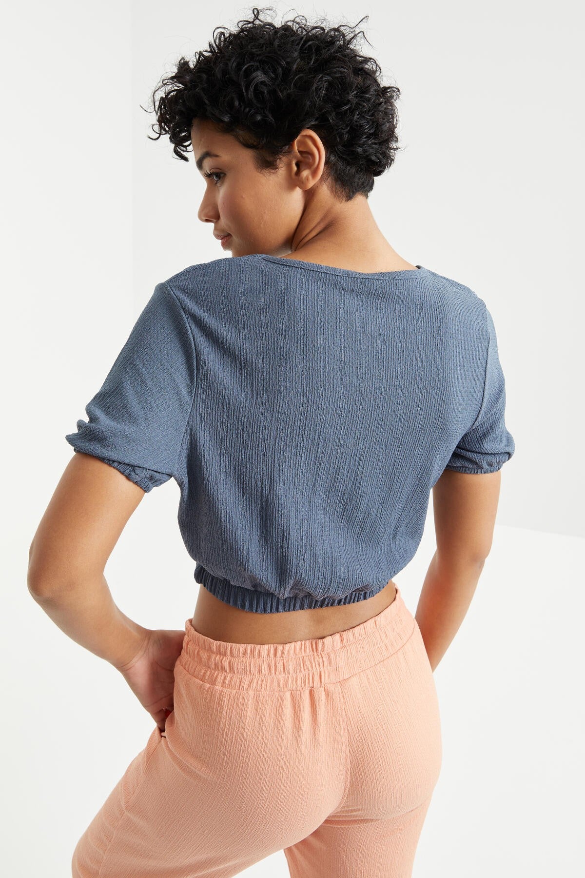 Petrol Balloon Neck or Collar Beli Elastane Crinkle Fabric Women's Crop Top T-Shirt - 97221