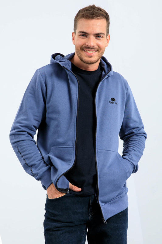 Petrol Basic Hooded Comfort Fit Embroidered Detailed Zipper Men's Sweatshirt - 88035