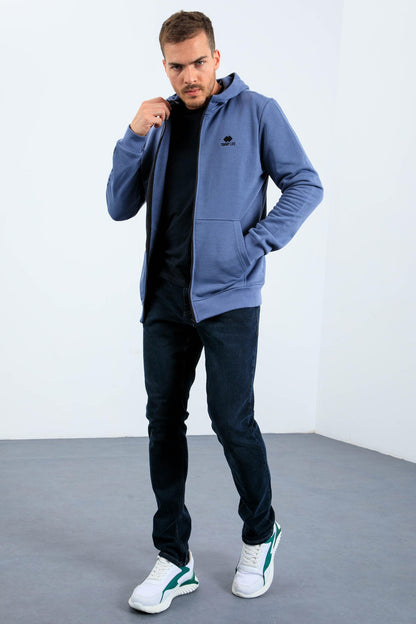 Petrol Basic Hooded Comfort Fit Embroidered Detailed Zipper Men's Sweatshirt - 88035
