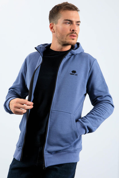 Petrol Basic Hooded Comfort Fit Embroidered Detailed Zipper Men's Sweatshirt - 88035