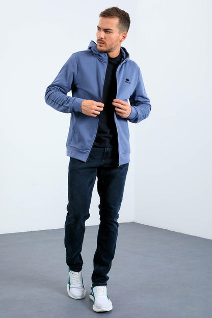 Petrol Basic Hooded Comfort Fit Embroidered Detailed Zipper Men's Sweatshirt - 88035