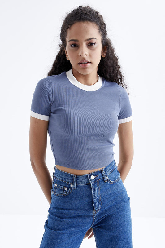 Petrol Basic Kol Detailed O Collar Women's Crop Top T-Shirt - 97200