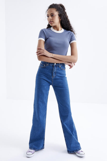 Petrol Basic Kol Detailed O Collar Women's Crop Top T-Shirt - 97200