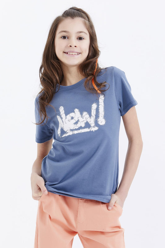 Petrol Basic Print Round Neck Comfort Fit Girls' T-Shirt - 75041