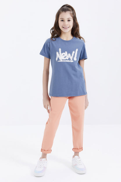 Petrol Basic Print Round Neck Comfort Fit Girls' T-Shirt - 75041