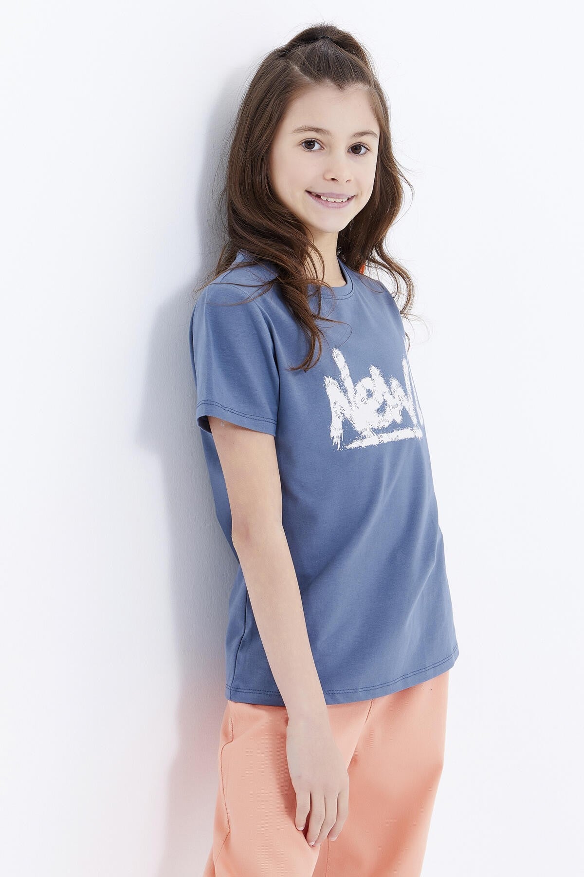 Petrol Basic Print Round Neck Comfort Fit Girls' T-Shirt - 75041