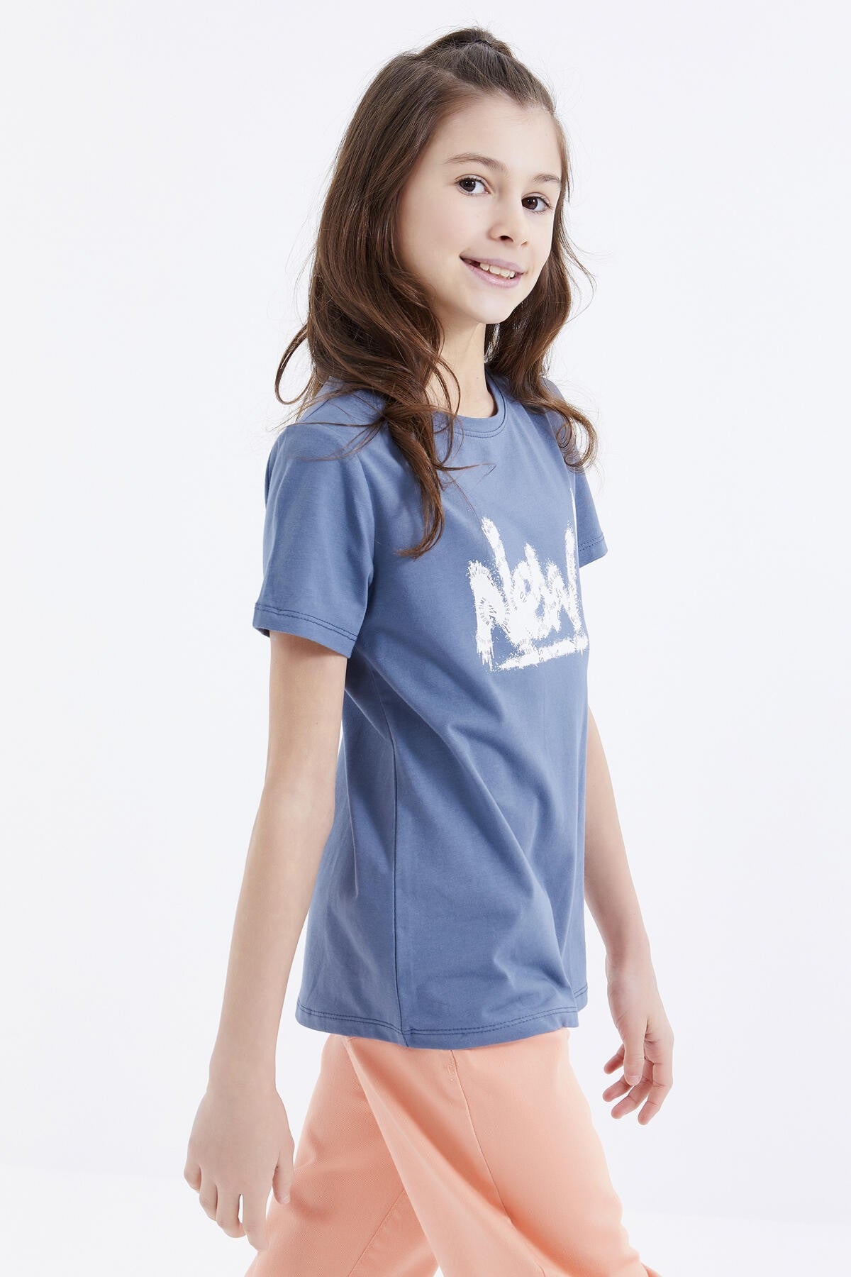 Petrol Basic Print Round Neck Comfort Fit Girls' T-Shirt - 75041