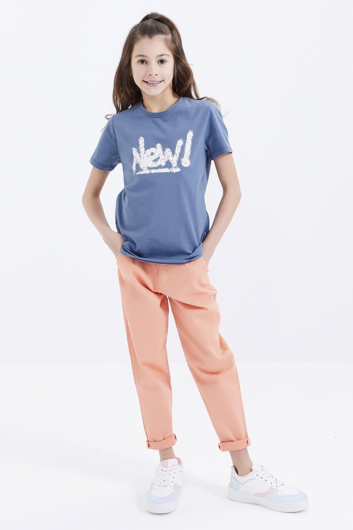 Petrol Basic Print Round Neck Comfort Fit Girls' T-Shirt - 75041