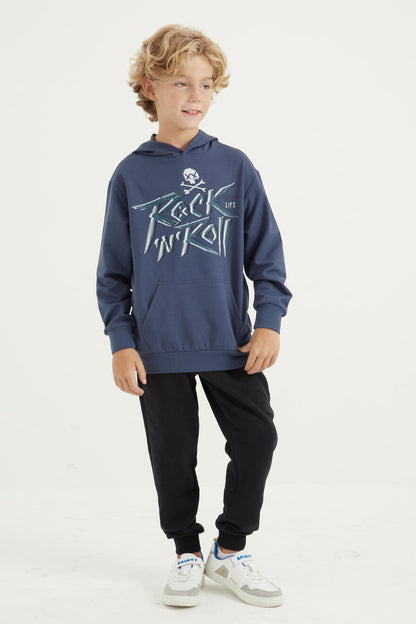 Petrol Print Kangaroo Pocket Hooded Regular Fit Boys' Sweatshirt - 11002