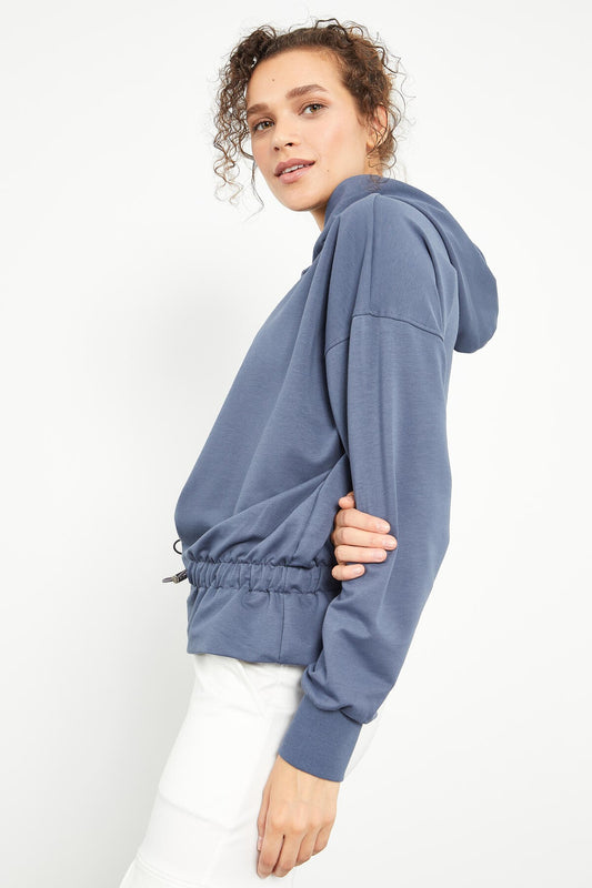 Petrol Blue Pleated Hooded Women's Oversize Sweatshirt - 97159