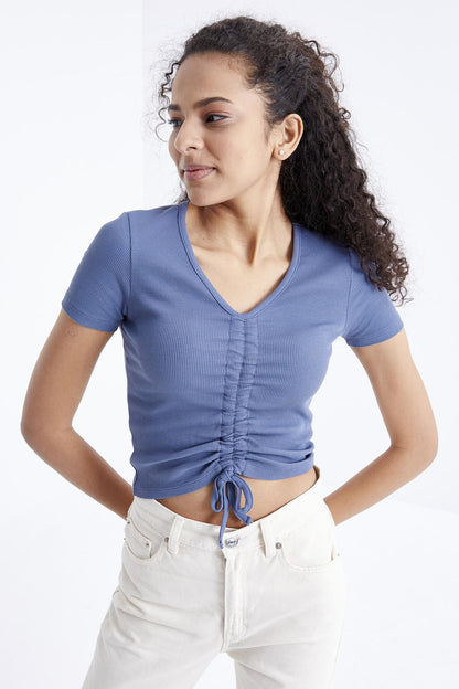 Petrol Detailed V Neck Women's Crop Top T-Shirt - 97205