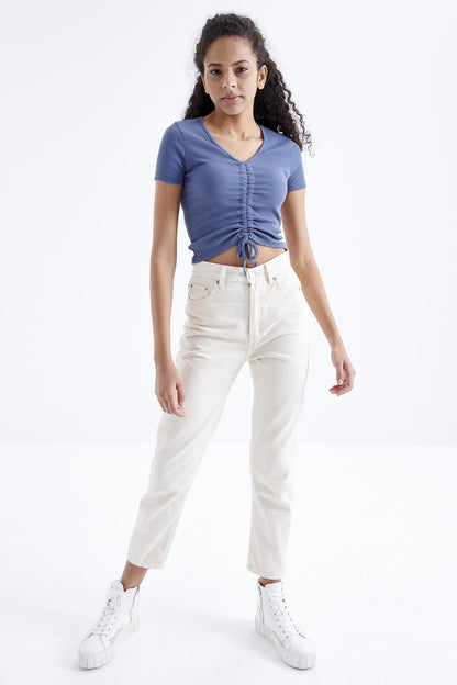 Petrol Detailed V Neck Women's Crop Top T-Shirt - 97205