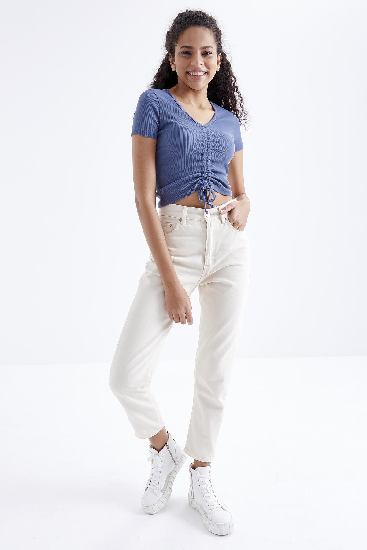 Petrol Detailed V Neck Women's Crop Top T-Shirt - 97205