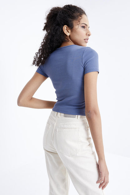 Petrol Detailed V Neck Women's Crop Top T-Shirt - 97205