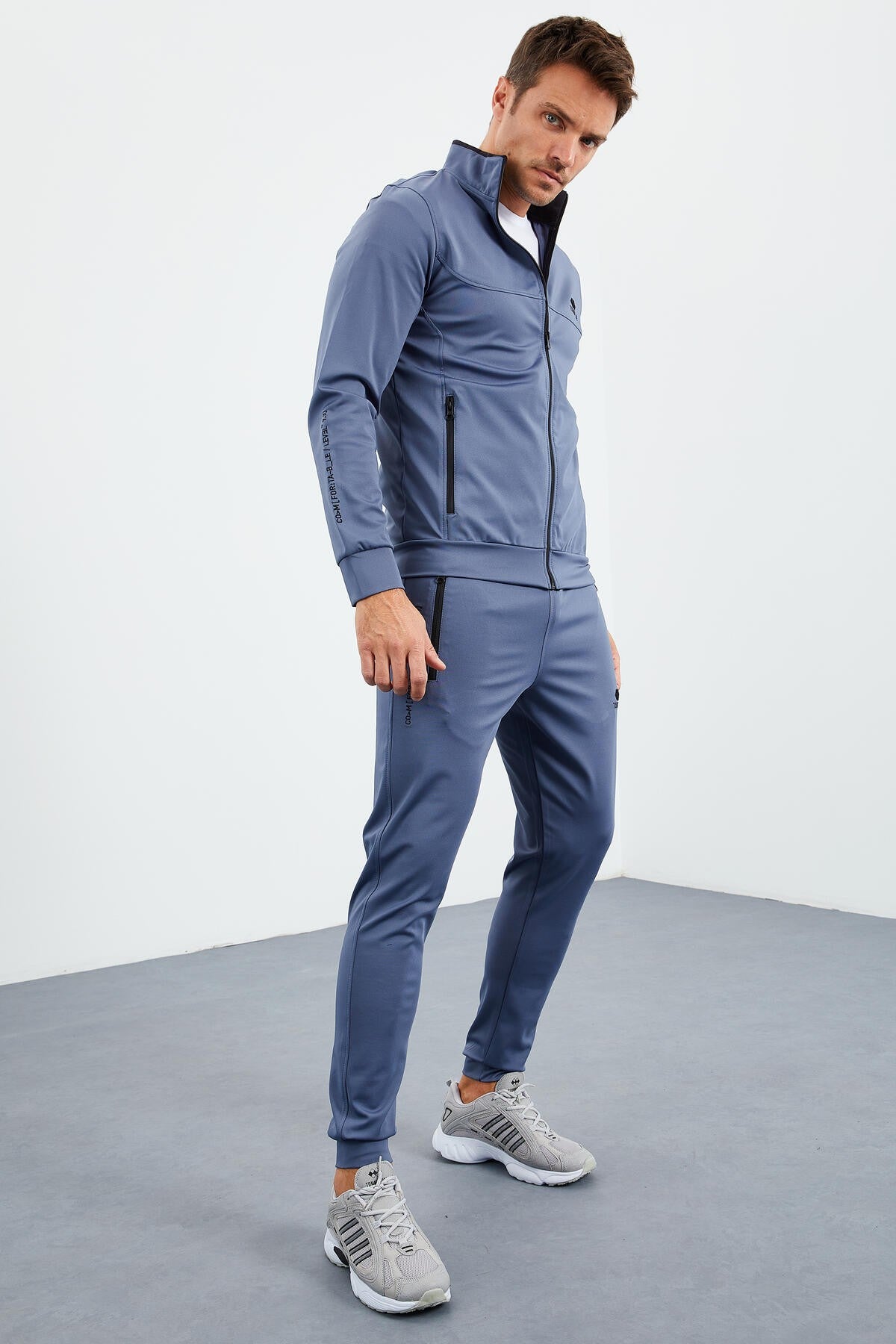 Petrol Blue Collar Zippered Standard Mold Cuffed Men's Tracksuit Set - 85160