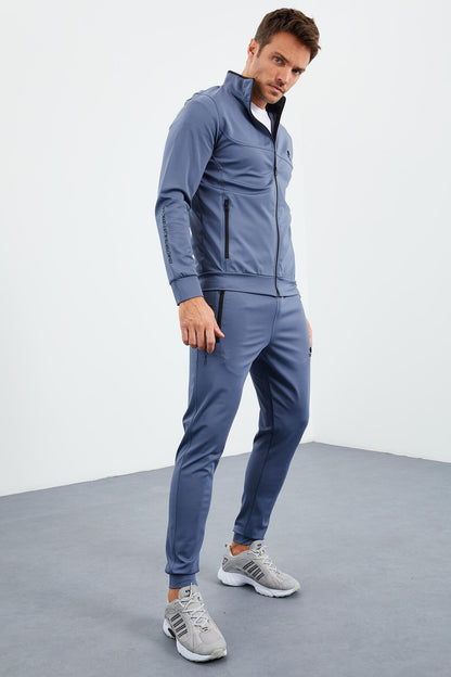 Petrol Blue Collar Zippered Standard Mold Cuffed Men's Tracksuit Set - 85160