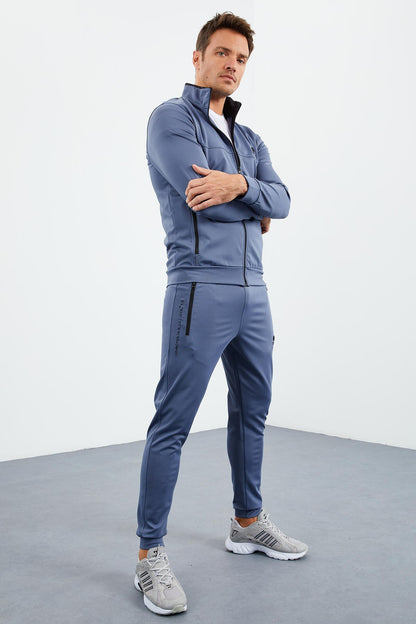 Petrol Blue Collar Zippered Standard Mold Cuffed Men's Tracksuit Set - 85160