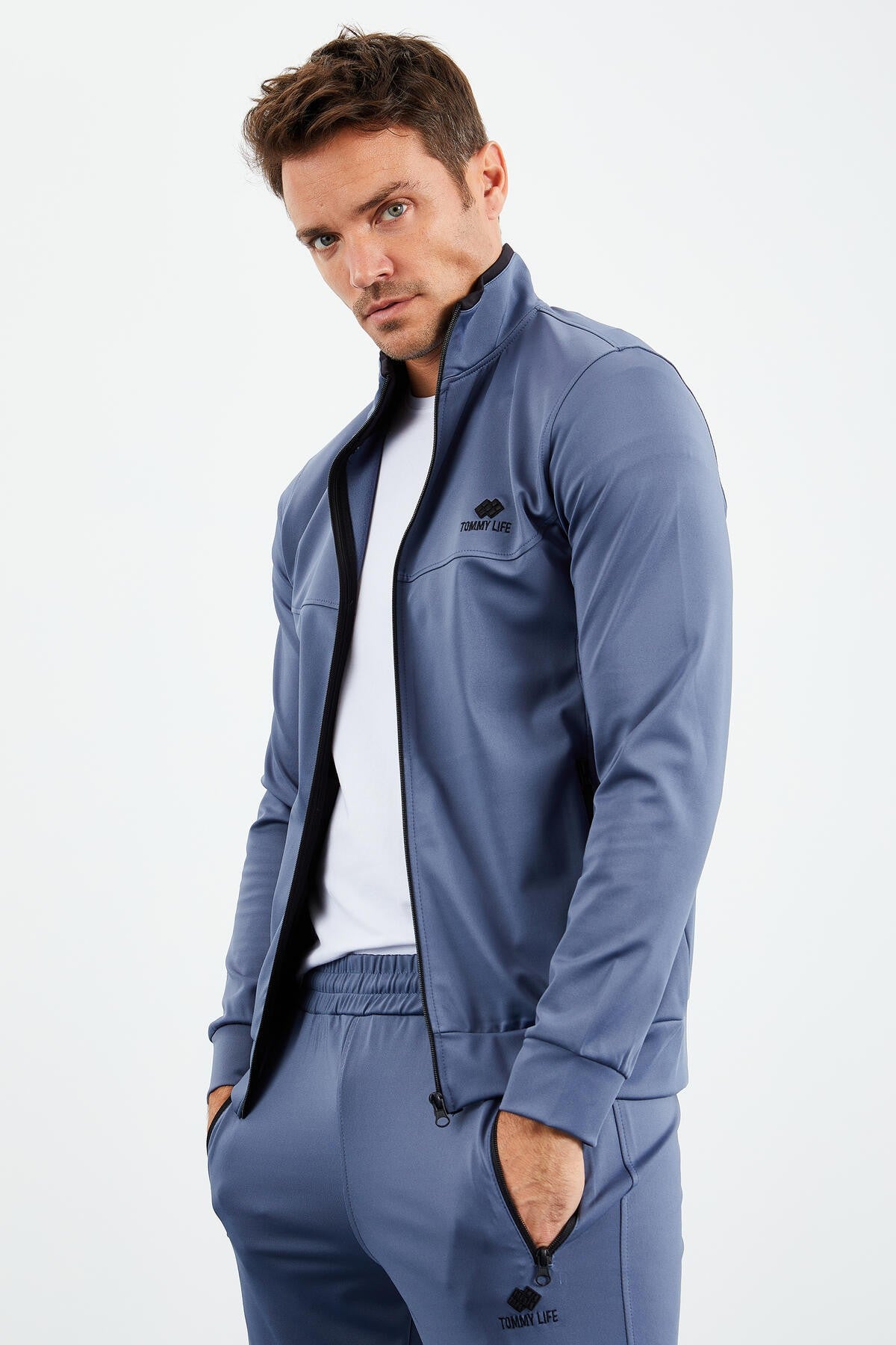 Petrol Blue Collar Zippered Standard Mold Cuffed Men's Tracksuit Set - 85160