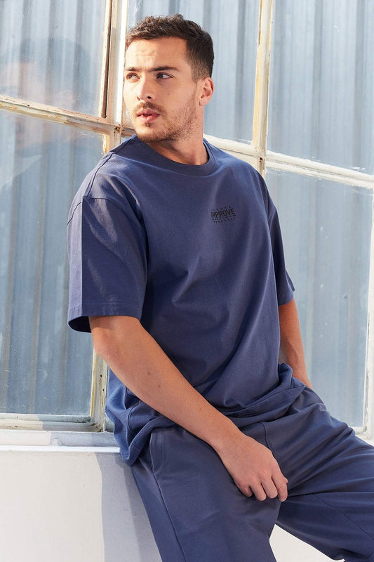 Petrol Small Print O Collar Men's Oversize T-Shirt - 87985
