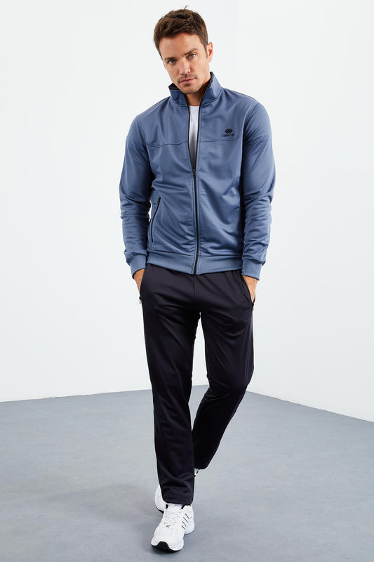 Petrol - Navy Blue High Collar Zippered Standard Fit Classic Cuff Men's Tracksuit Set - 85162