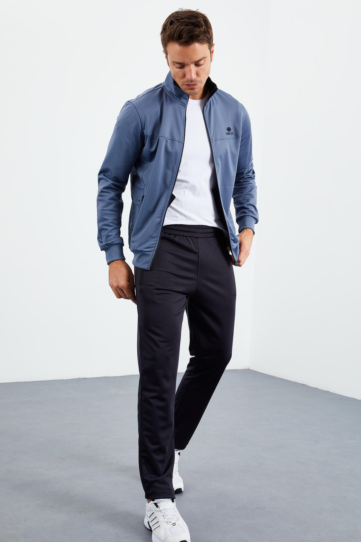 Petrol - Navy Blue High Collar Zippered Standard Fit Classic Cuff Men's Tracksuit Set - 85162